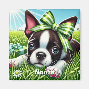 Personalized Boston Terrier Puppy with Green Bow Magnet