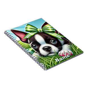 Personalized Boston Terrier Puppy with Green Bow Notebook