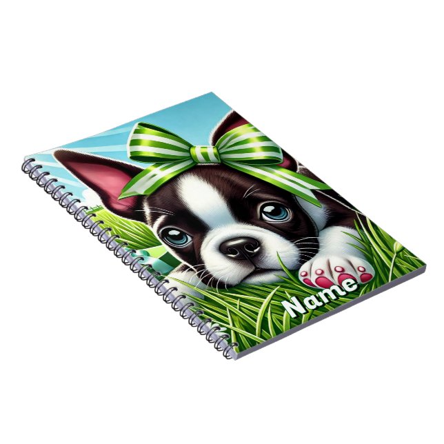 Personalized Boston Terrier Puppy with Green Bow Notebook (Right Side)