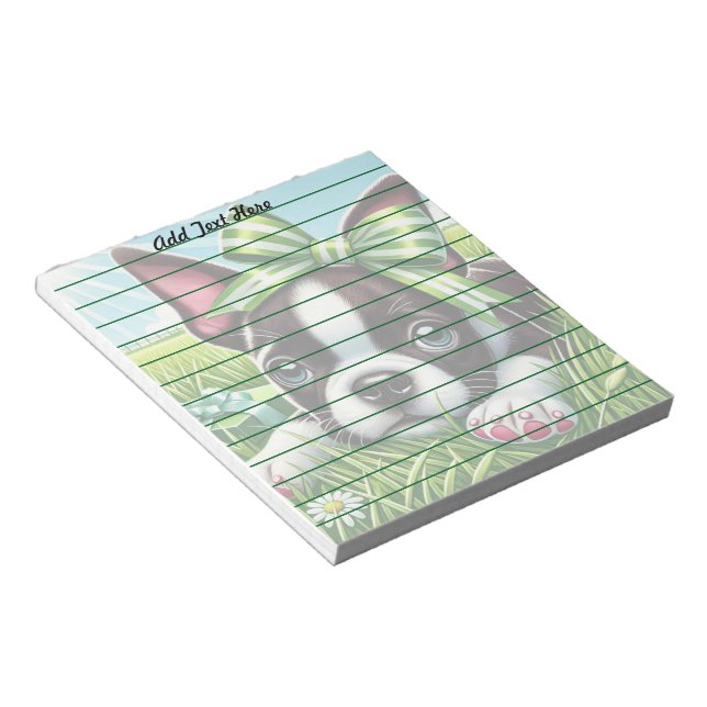 Personalized Boston Terrier Puppy with Green Bow Notepad (Angled)