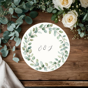 Personalized Botanical Greenery Wedding Round Paper Coaster