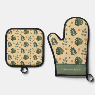 Personalized Botanical Name Cream and Sage Green Oven Mitt & Pot Holder Set