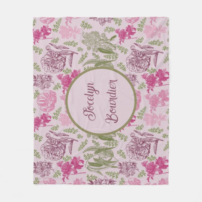 Personalized Botanical Pink Peony Eucalyptus  Fleece Blanket (Front)