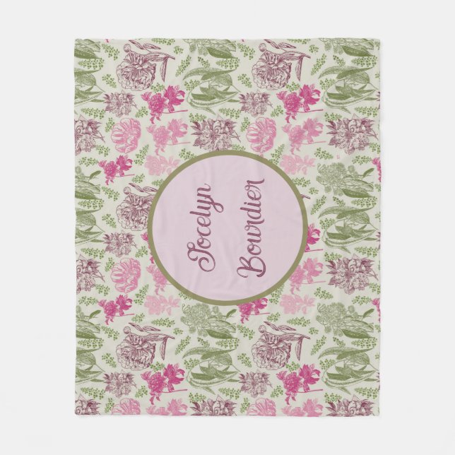 Personalized Botanical Sage Peony Eucalyptus  Fleece Blanket (Front)