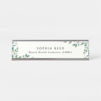 Personalized Botanical Watercolor Green Foliage Desk Name Plate