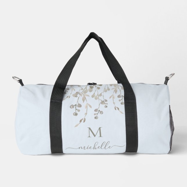 Personalized Botanical Watercolor Monogram Blue Duffle Bag (Front)