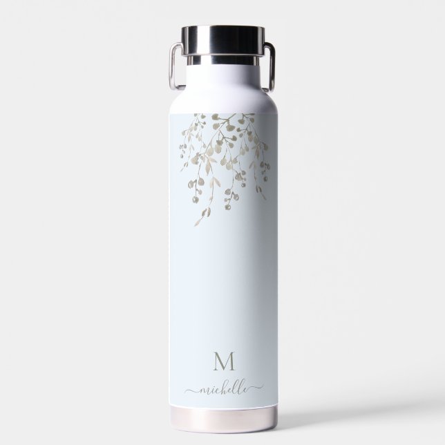 Personalized Botanical Watercolor Monogram Blue Water Bottle (Front)