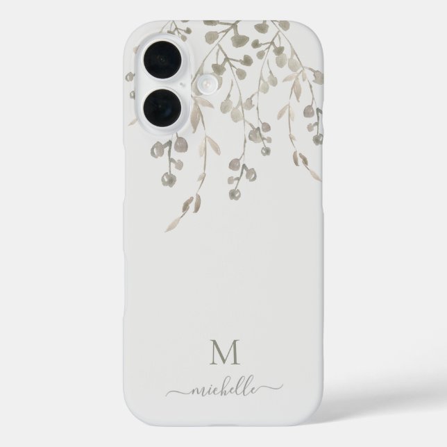 Personalized Botanical Watercolor Monogram Gray Case-Mate iPhone Case (Back)