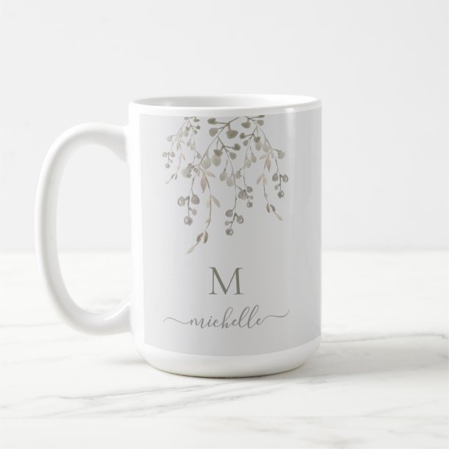 Personalized Botanical Watercolor Monogram Gray Coffee Mug (Left)