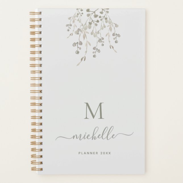 Personalized Botanical Watercolor Monogram Gray Planner (Front)