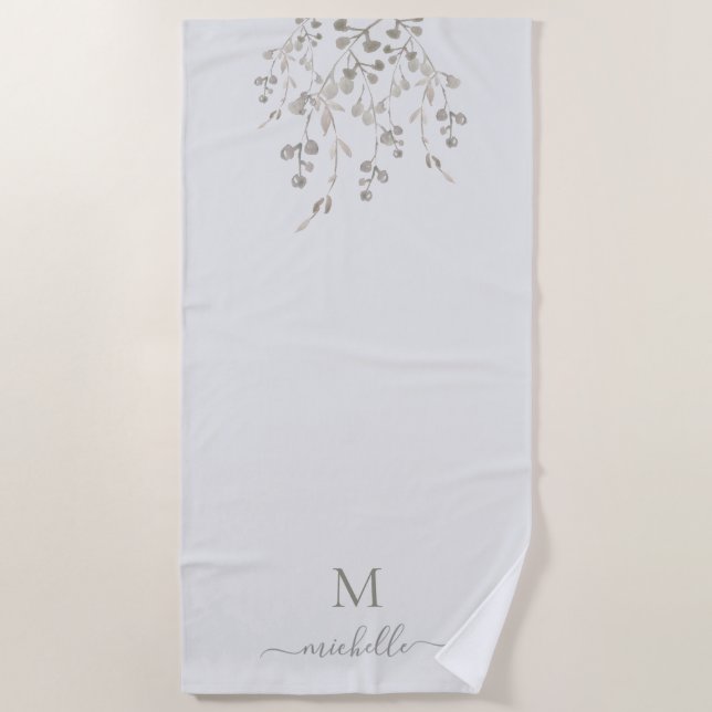Personalized Botanical Watercolor Monogram Grey Beach Towel (Front)