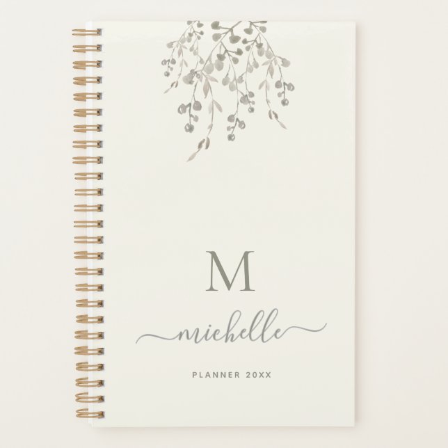 Personalized Botanical Watercolor Monogram Ivory Planner (Front)