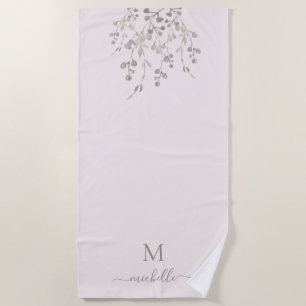 Personalized Botanical Watercolor Monogram Pink Beach Towel