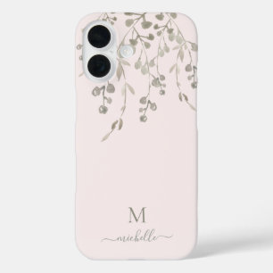 Personalized Botanical Watercolor Monogram Pink iPhone 16 Case