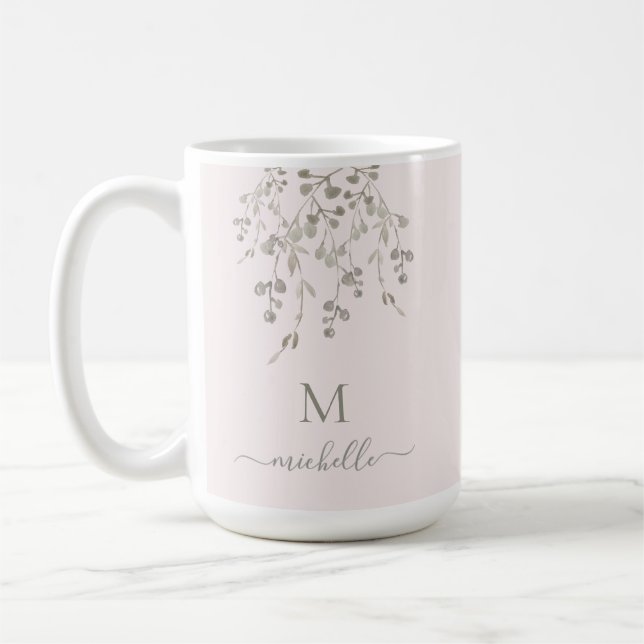 Personalized Botanical Watercolor Monogram Pink Coffee Mug (Left)