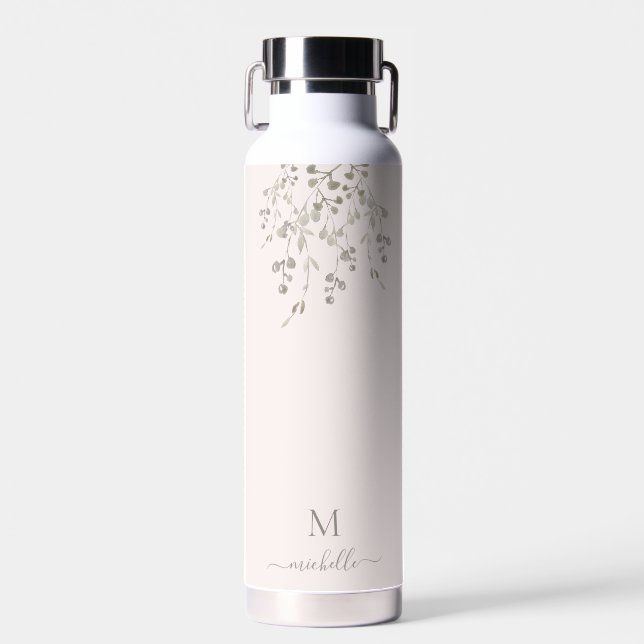 Personalized Botanical Watercolor Monogram Pink Water Bottle (Front)