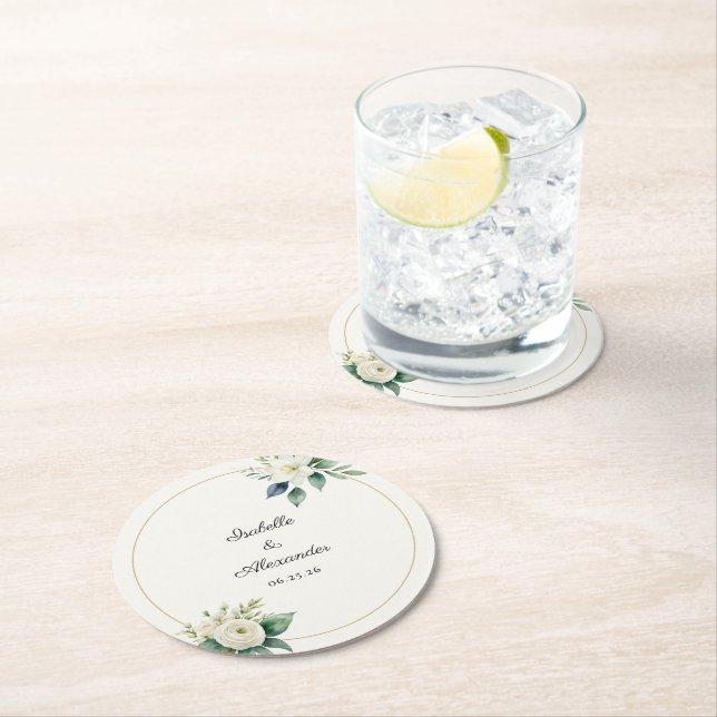 Personalized Botanical White Floral Wedding Round Paper Coaster (Insitu)