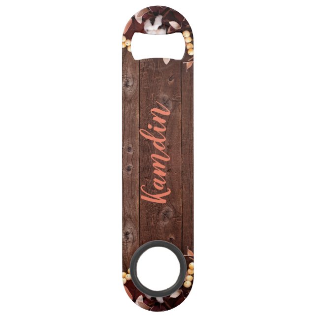 Personalized Bottle Opener Cotton Branch on Dark W Bar Key (Front)