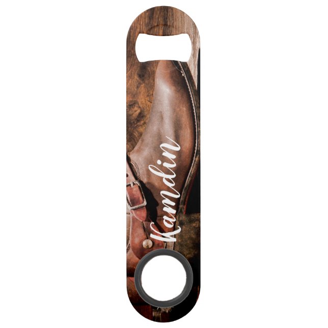Personalized Bottle Opener Cowboy Boots Barn Wood Bar Key (Front)