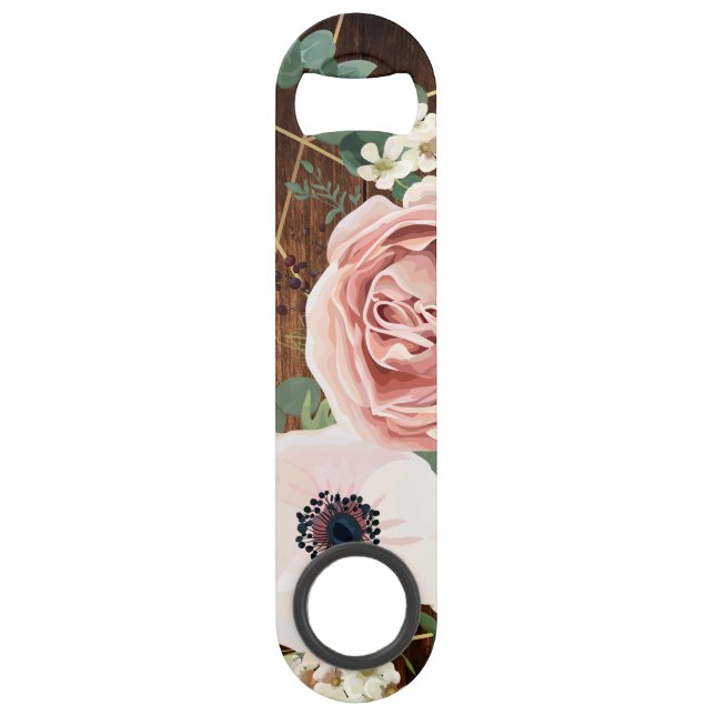 Personalized Bottle Opener Geometric Garden Rose Bar Key (Front)