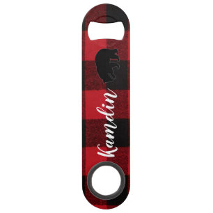 Personalized Bottle Opener Red Buffalo Plaid Bear Bar Key