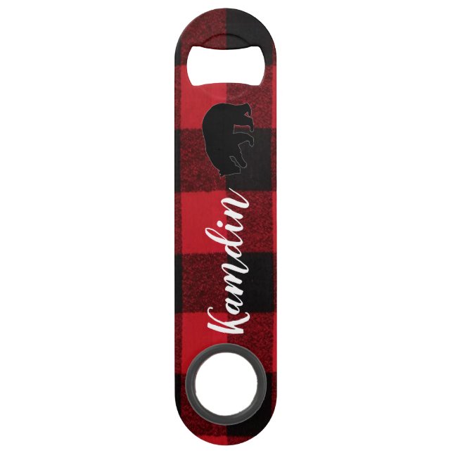 Personalized Bottle Opener Red Buffalo Plaid Bear Bar Key (Front)