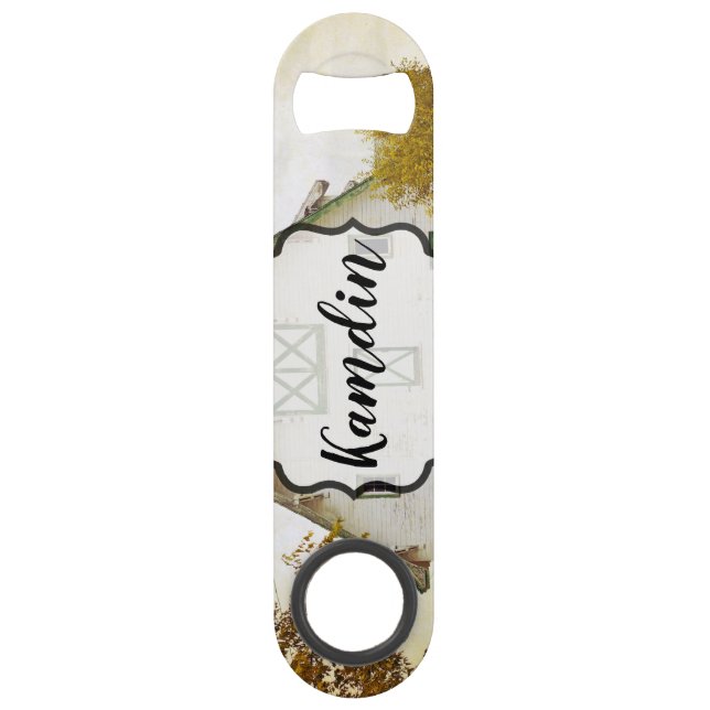 Personalized Bottle Opener Sunset Barn Country Rus Bar Key (Front)