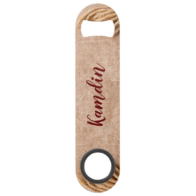 Personalized Bottle Opener Wheat on Burlap Sack Co Bar Key (Front)