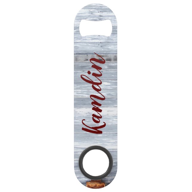 Personalized Bottle Opener White Wash Wood Barn Do Bar Key (Front)