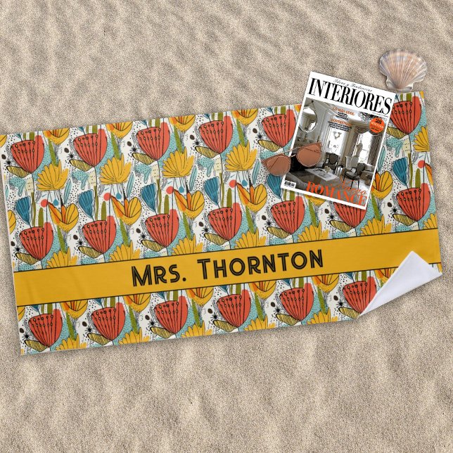 Personalized Bountiful Red and Gold Flower Pattern Beach Towel (Creator Uploaded)