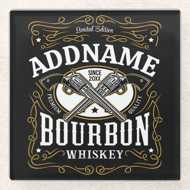 Personalized Bourbon Vintage Guns Whiskey Label Glass Coaster (Front)