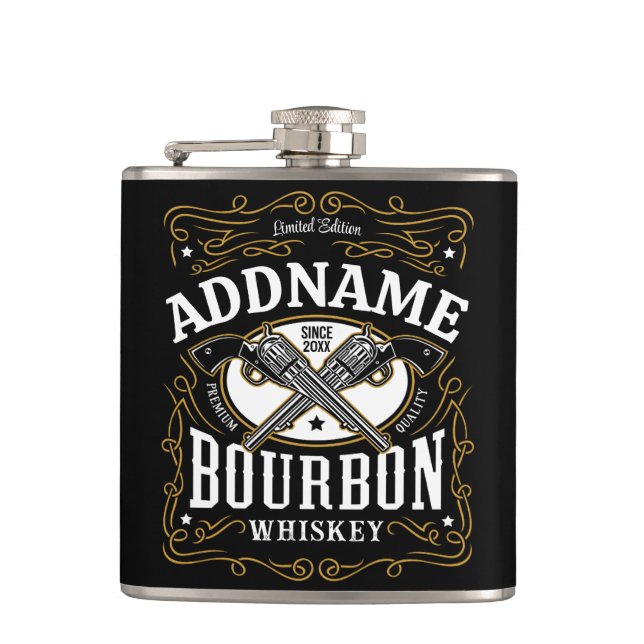 Personalized Bourbon Vintage Guns Whiskey Label Hip Flask (Front)