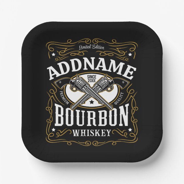 Personalized Bourbon Vintage Guns Whiskey Label Paper Plate (Front)