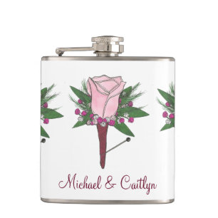 Personalized Boutonniere Pink Rose Wedding Groom Hip Flask