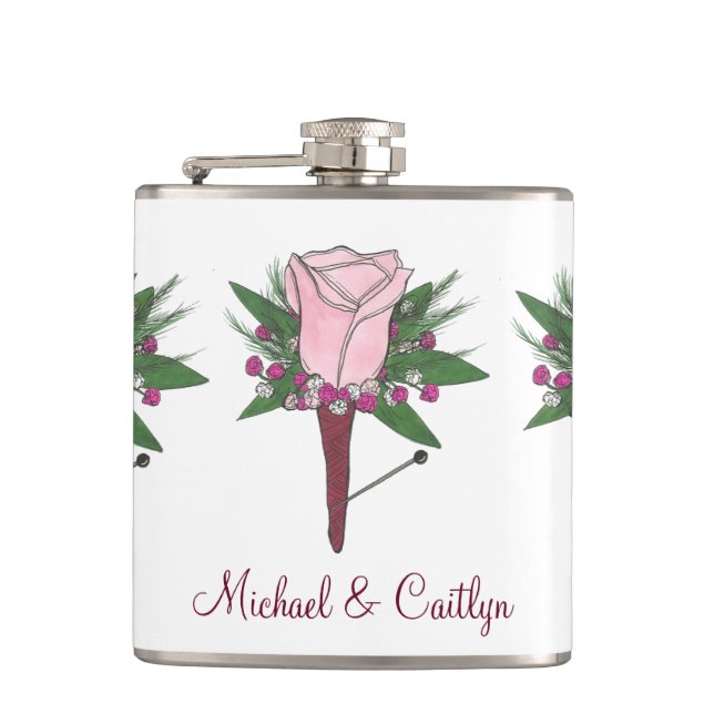 Personalized Boutonniere Pink Rose Wedding Groom Hip Flask (Front)