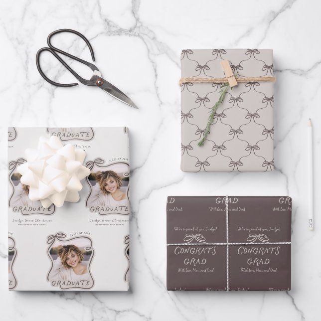 Personalized Bow Wavy Frame Photo Graduation Wrapping Paper Sheet (Front)