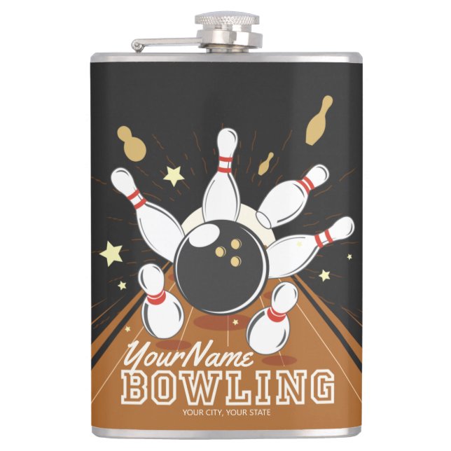 Personalized Bowler Strike Bowling Lanes Ball Pins Hip Flask (Front)