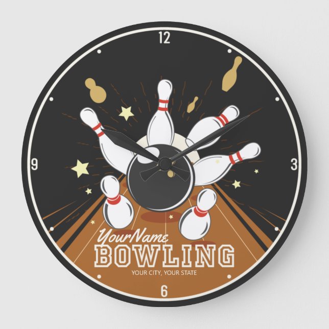 Personalized Bowler Strike Bowling Lanes Ball Pins Large Clock (Front)