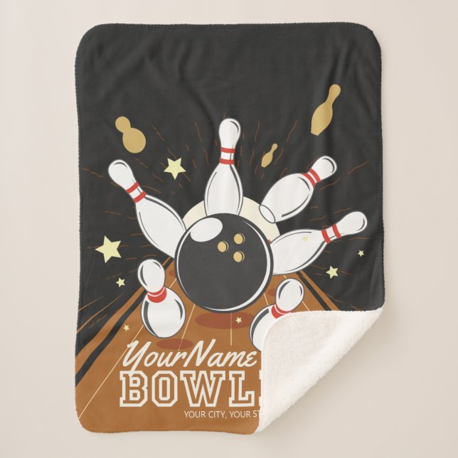 Personalized Bowler Strike Bowling Lanes Ball Pins Sherpa Blanket (Front)