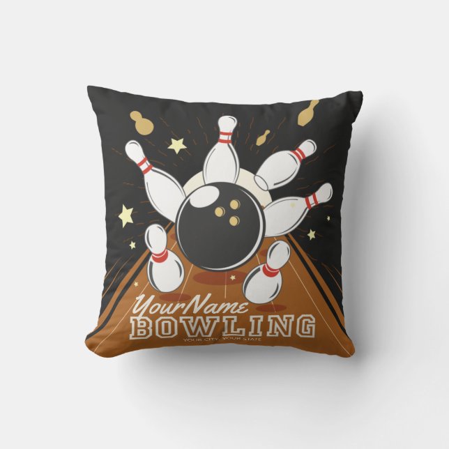 Personalized Bowler Strike Bowling Lanes Ball Pins Throw Pillow (Front)