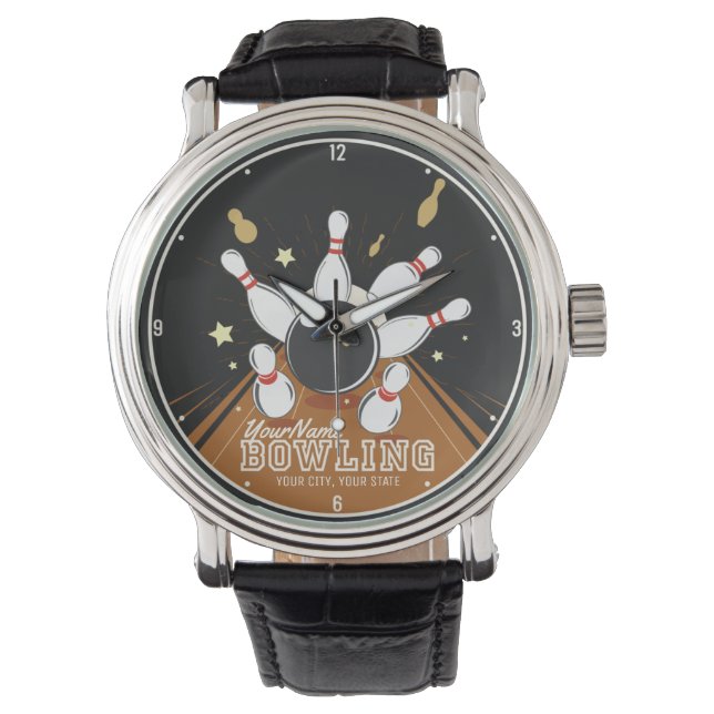 Personalized Bowler Strike Bowling Lanes Ball Pins Watch (Front)