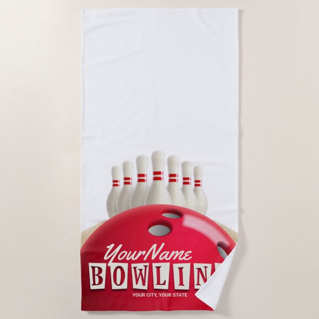 Personalized Bowling Ball Lanes Pins Retro League Beach Towel (Front)