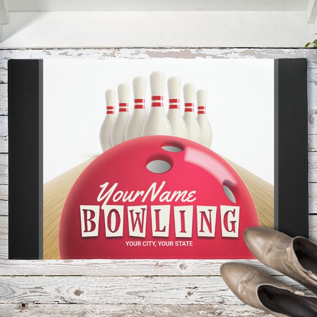 Personalized Bowling Ball Lanes Pins Retro League Doormat (Creator Uploaded)