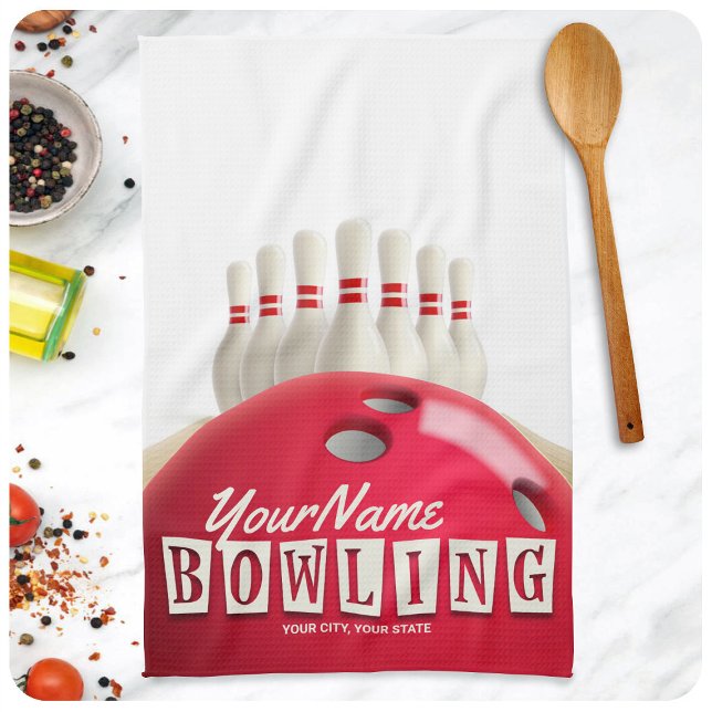 Personalized Bowling Ball Lanes Pins Retro League Kitchen Towel (Creator Uploaded)