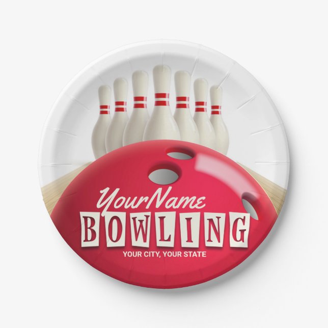 Personalized Bowling Ball Lanes Pins Retro League Paper Plate (Front)