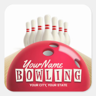 Personalized Bowling Ball Lanes Pins Retro League Square Sticker