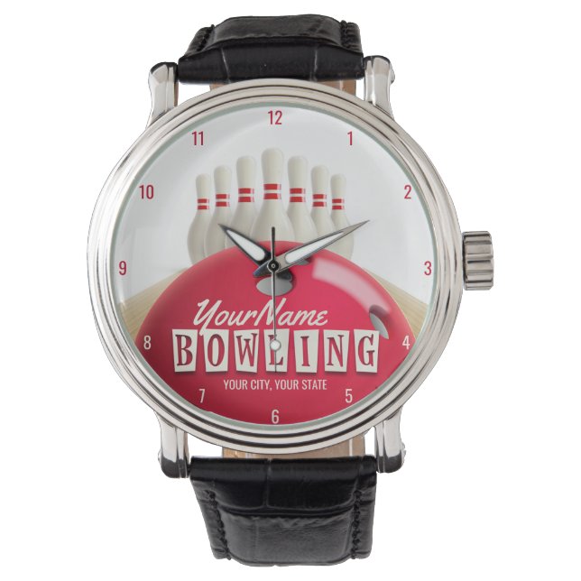 Personalized Bowling Ball Lanes Pins Retro League Watch (Front)