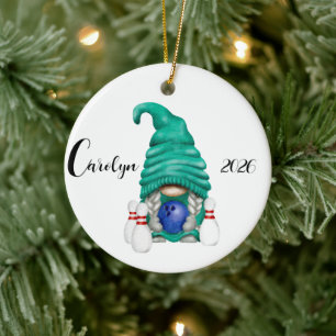 Personalized Bowling Gnome Christmas  Ceramic Ornament