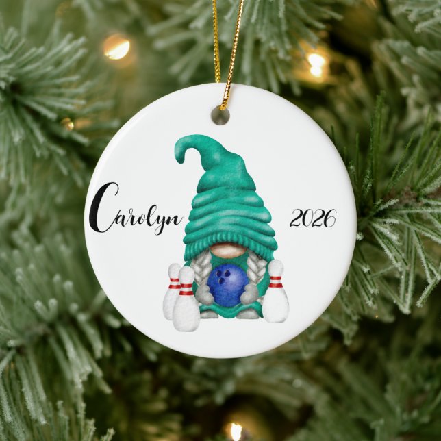 Personalized Bowling Gnome Christmas  Ceramic Ornament (Tree)