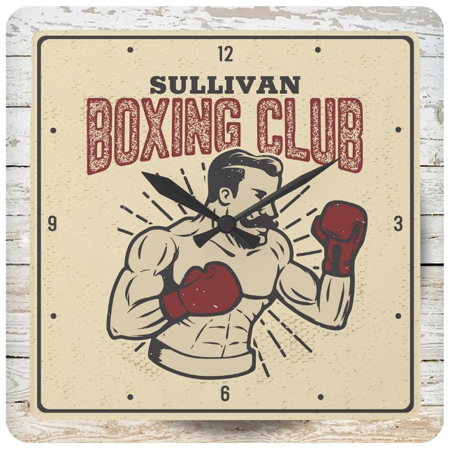 Personalized Boxer Retro Prizefighter Boxing Club Square Wall Clock (Creator Uploaded)